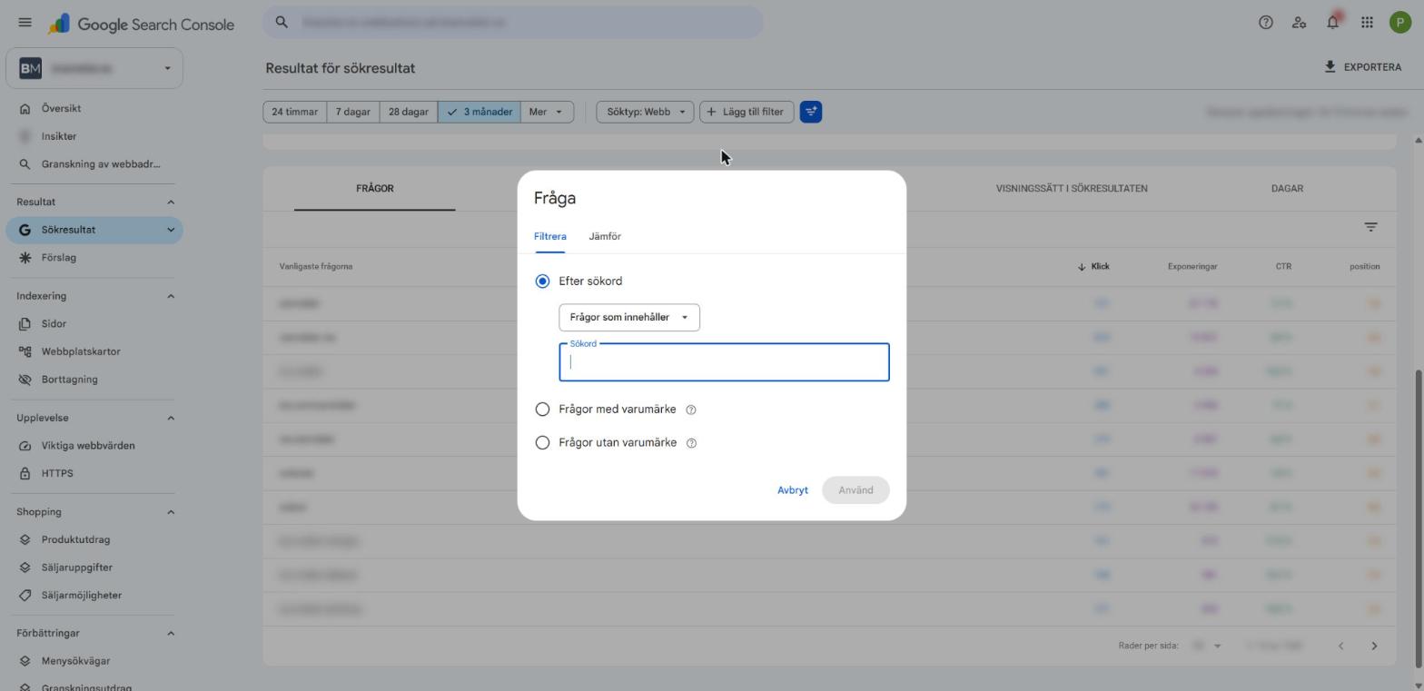 Filtret Fråga i Search Console med alternativen Frågor med varumärke och Frågor utan varumärke