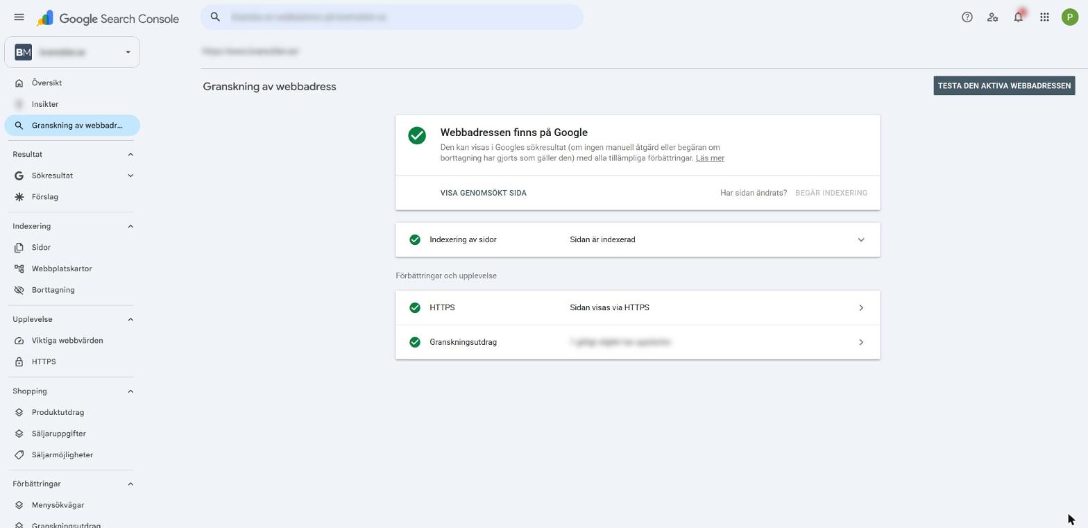 Granskning av webbadress i Search Console som visar att webbadressen finns på Google och att sidan är indexerad