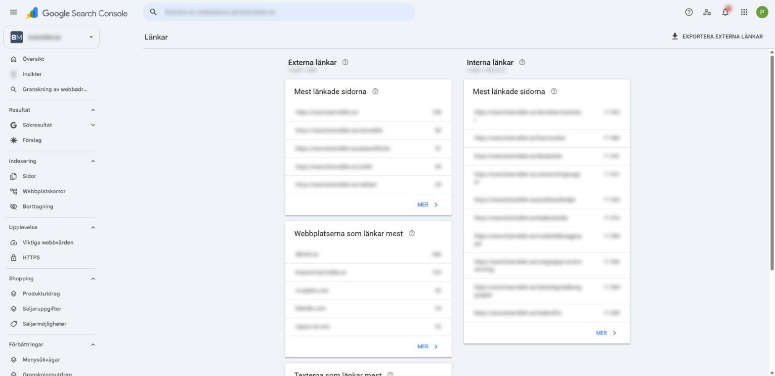 Rapporten Länkar i Search Console med externa länkar, mest länkade sidor och interna länkar