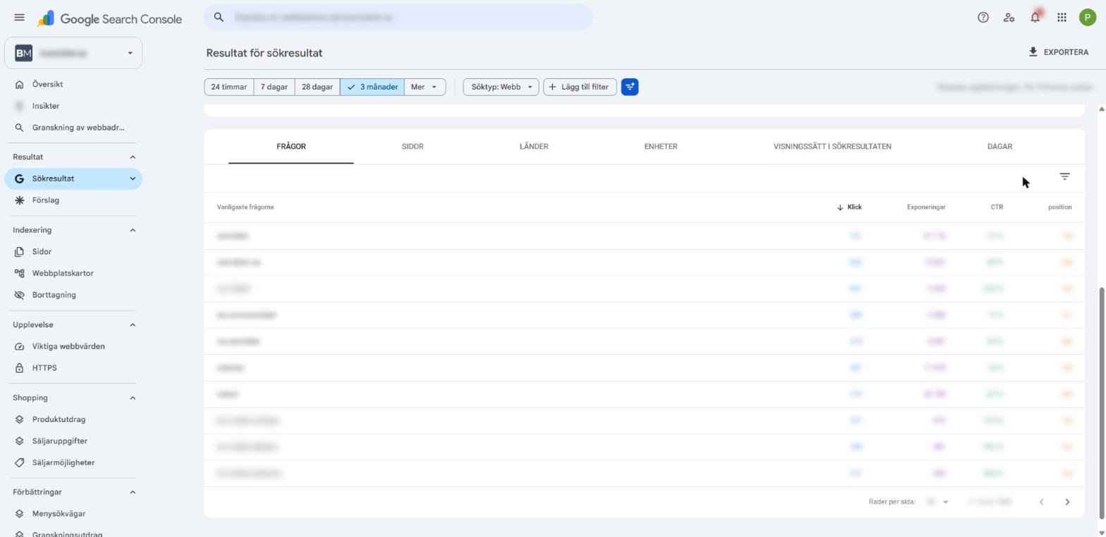 Fliken Frågor i Search Console som listar sökfrågor med klick och exponeringar