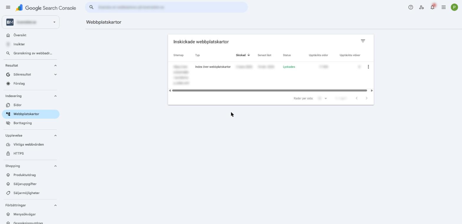 Rapporten Webbplatskartor i Search Console med inskickade sitemaps och status Lyckades